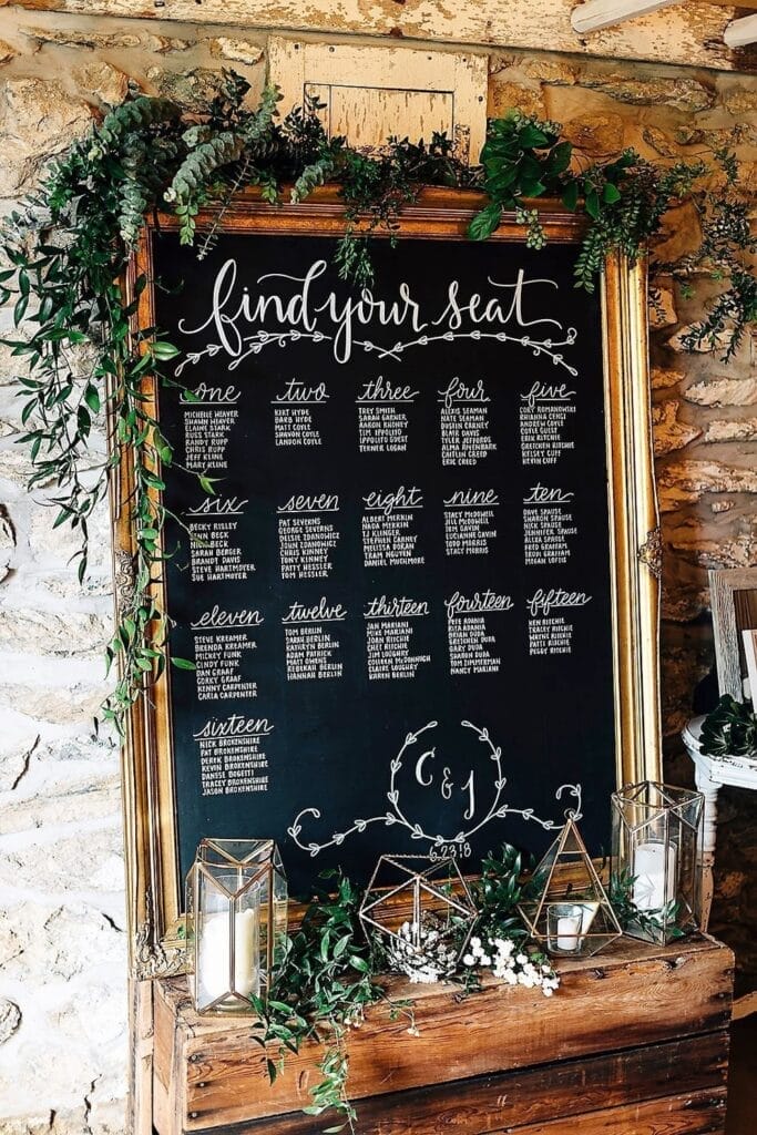 Use a chalkboard with hand-drawn seating assignments.