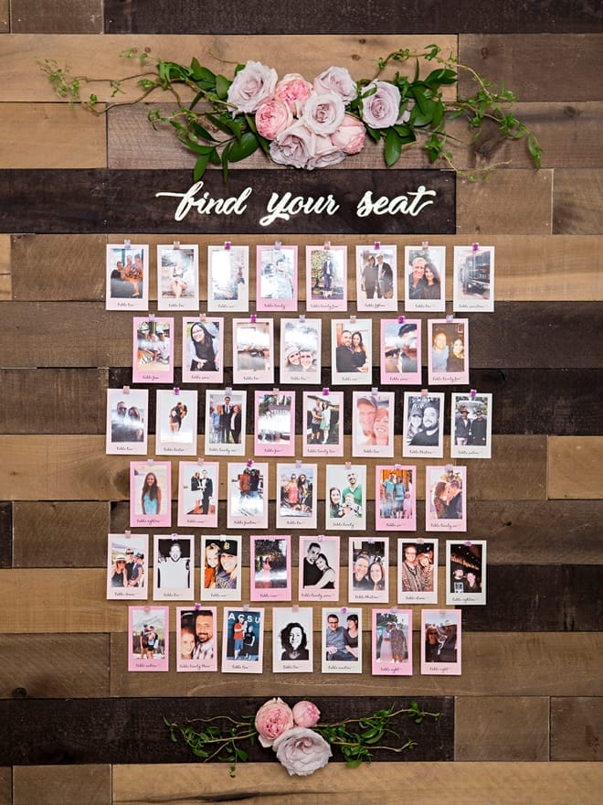 Attach seating cards to Polaroid-style guest photos.