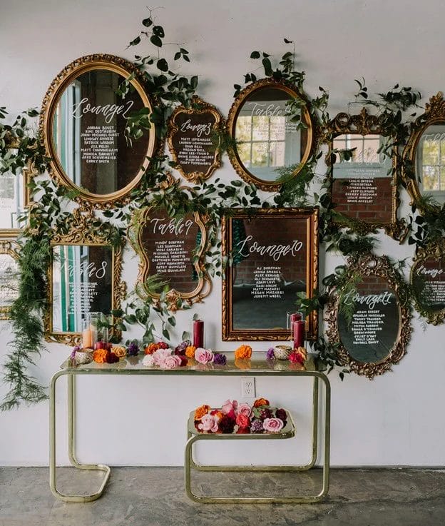 Display seating on vintage mirrors for an elegant touch.