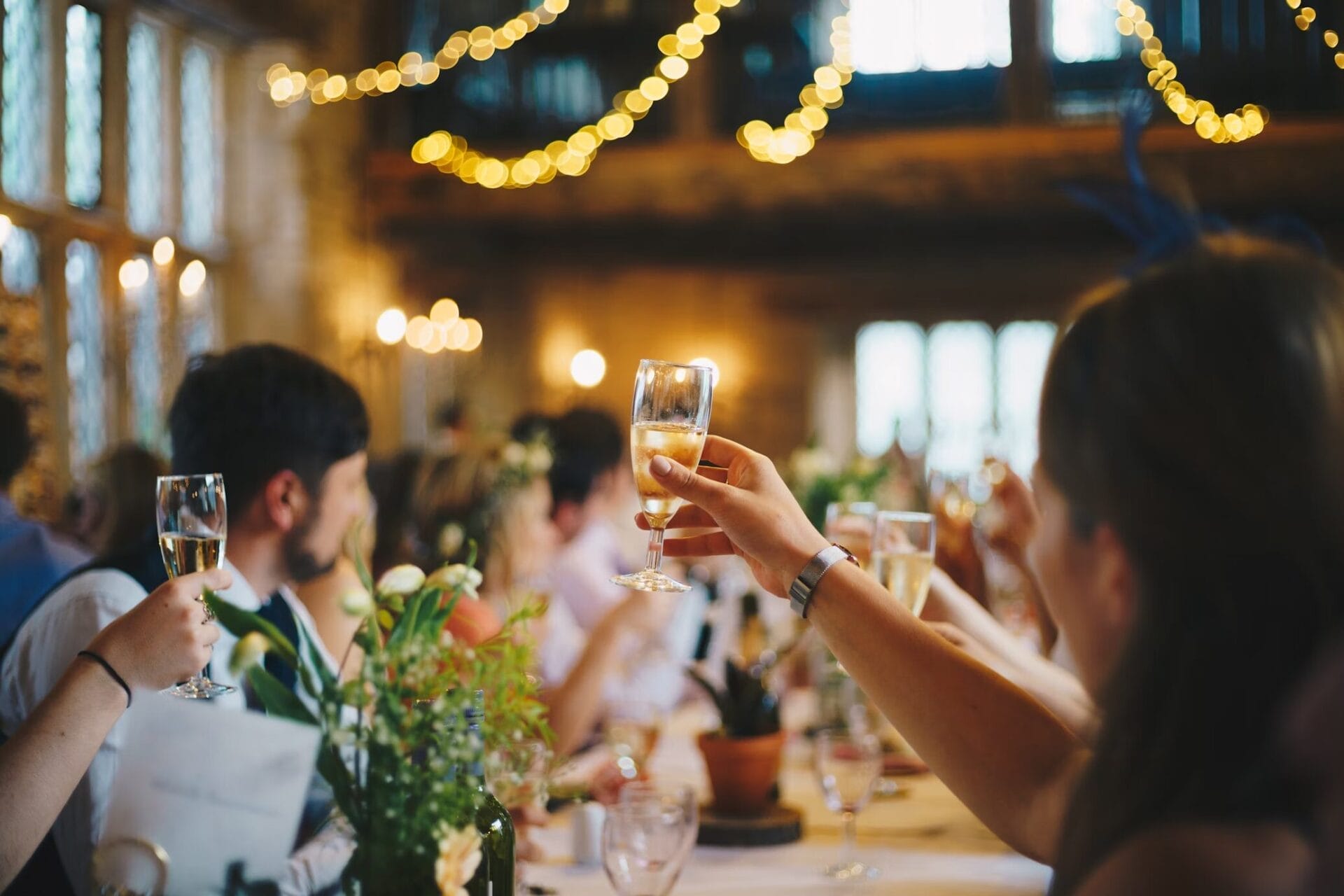 Wedding guests toasting during reception.